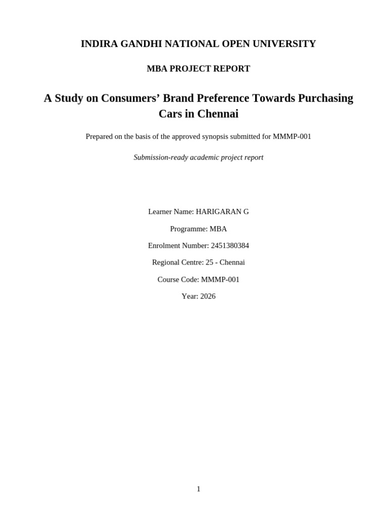 IGNOU Car Brand Preference Final Project | PDF | Consumer Behaviour | Brand