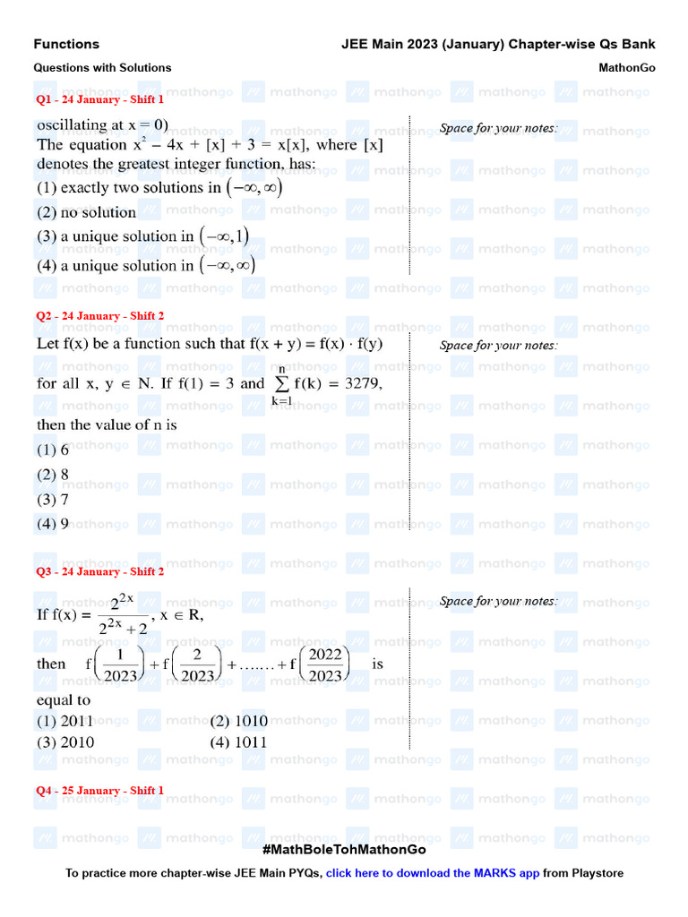 Functions - JEE Main 2023 January Chapter Wise Questions by MathonGo ...