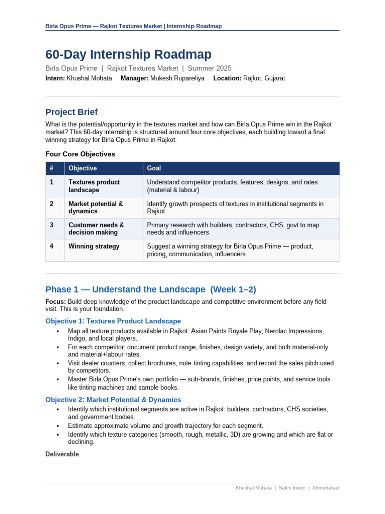 Birla Opus Internship Roadmap | PDF | Business