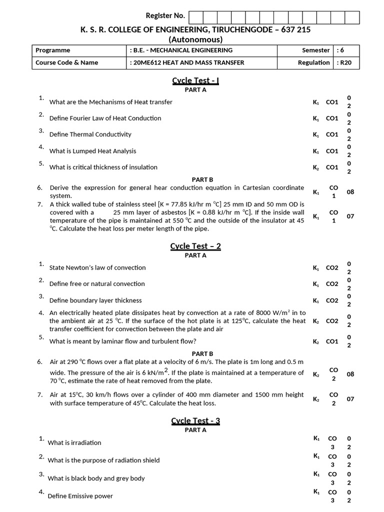 Hmt Cycle Test 3rd Year | PDF | Heat Transfer | Thermal Conduction