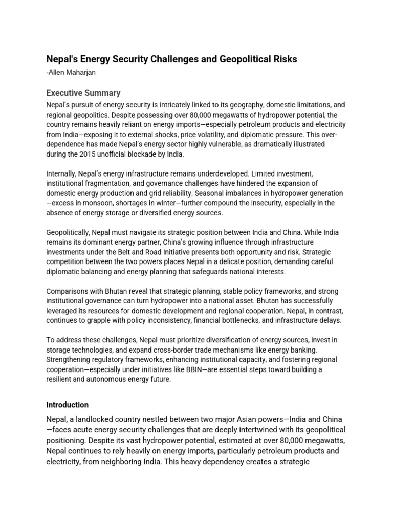Nepal's Energy Security Challenges and Geopolitical Risks (1) (2) | PDF ...