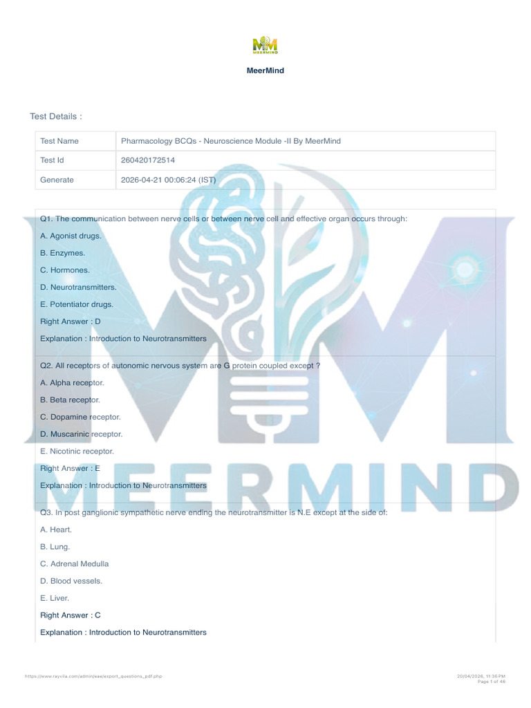Pharmacology BCQs - Neuroscience Module -II by MeerMind | PDF ...