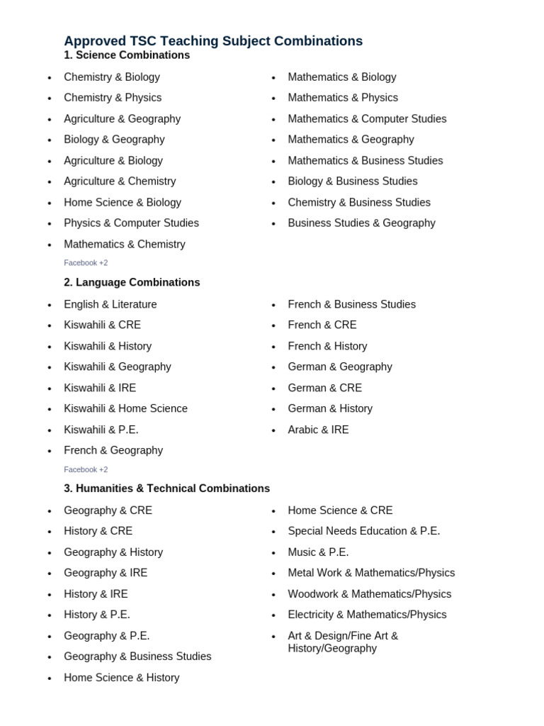 Approved TSC Teaching Subject Combinations | PDF