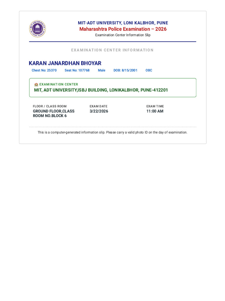 Exam Info Slip – 25370 | PDF