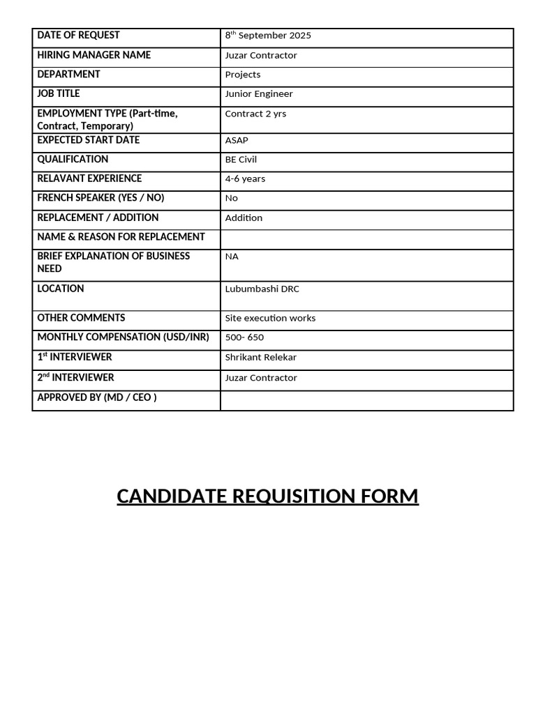 Candidate Requisition Form JRENG | PDF