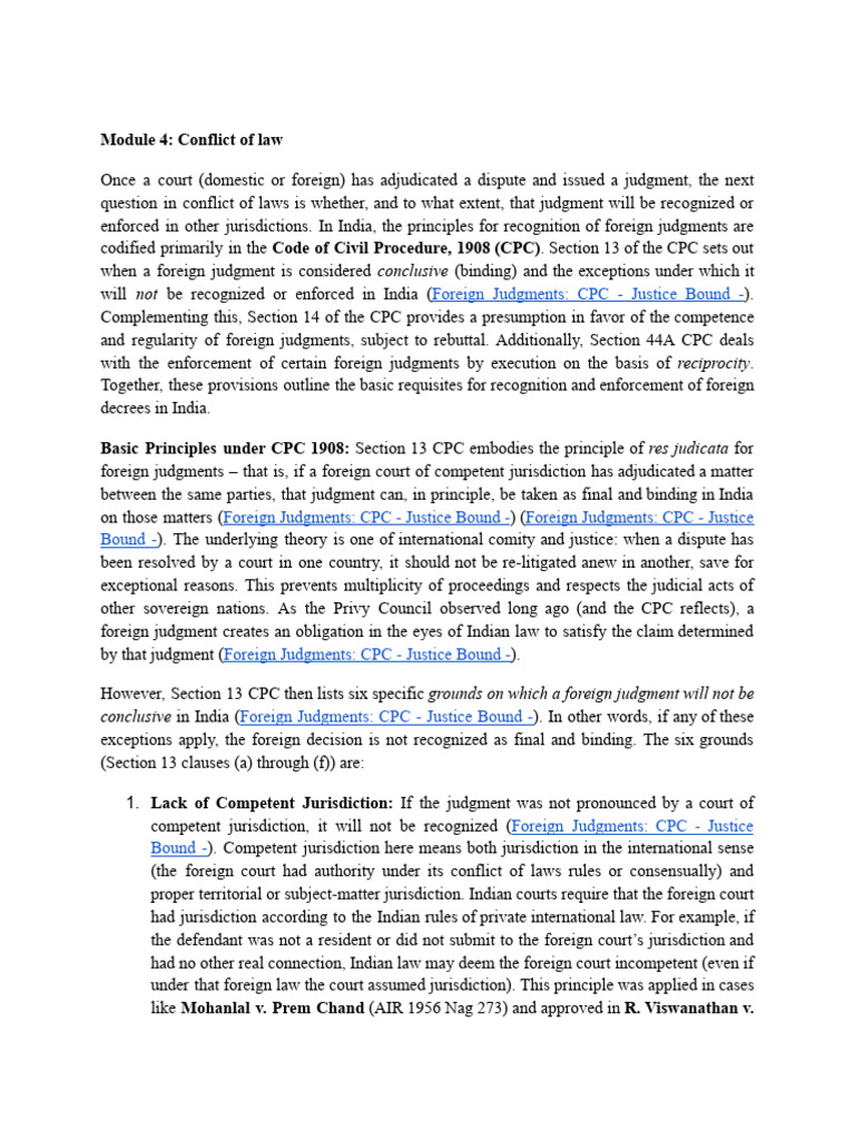 Module IV_ Conflict of Law | PDF | Judgment (Law) | Private Law