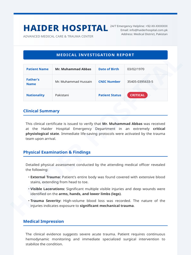 Haider Hospital Report V2 | PDF