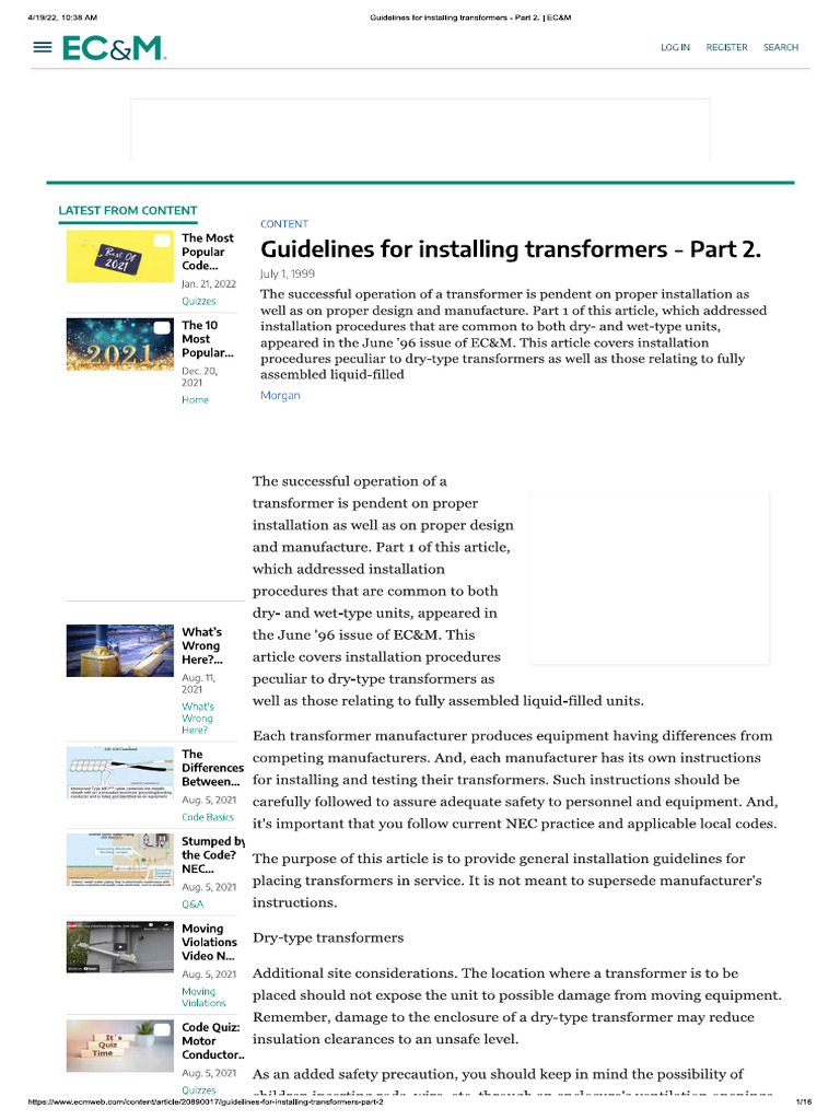 Guidelines for Installing Transformers - Part 2. _ EC&M | PDF | Chess ...