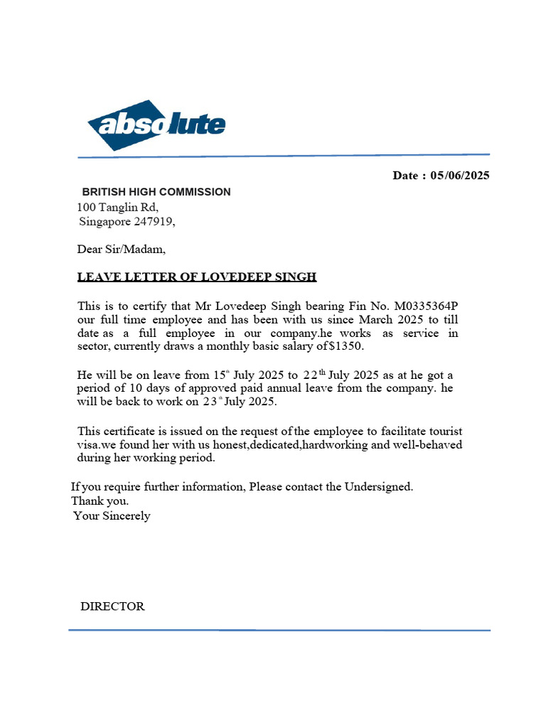 Copy-leave Letter Lovedeep Singh | PDF