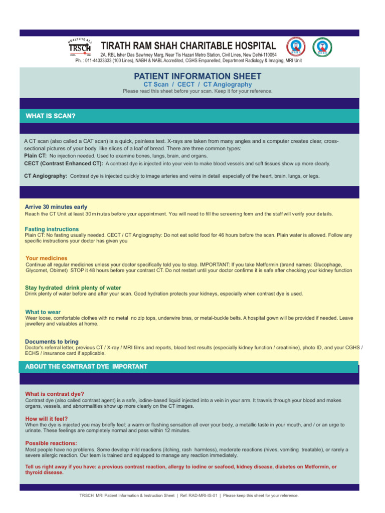 Trsh Ct Information Sheet English | PDF | Ct Scan | Angiography