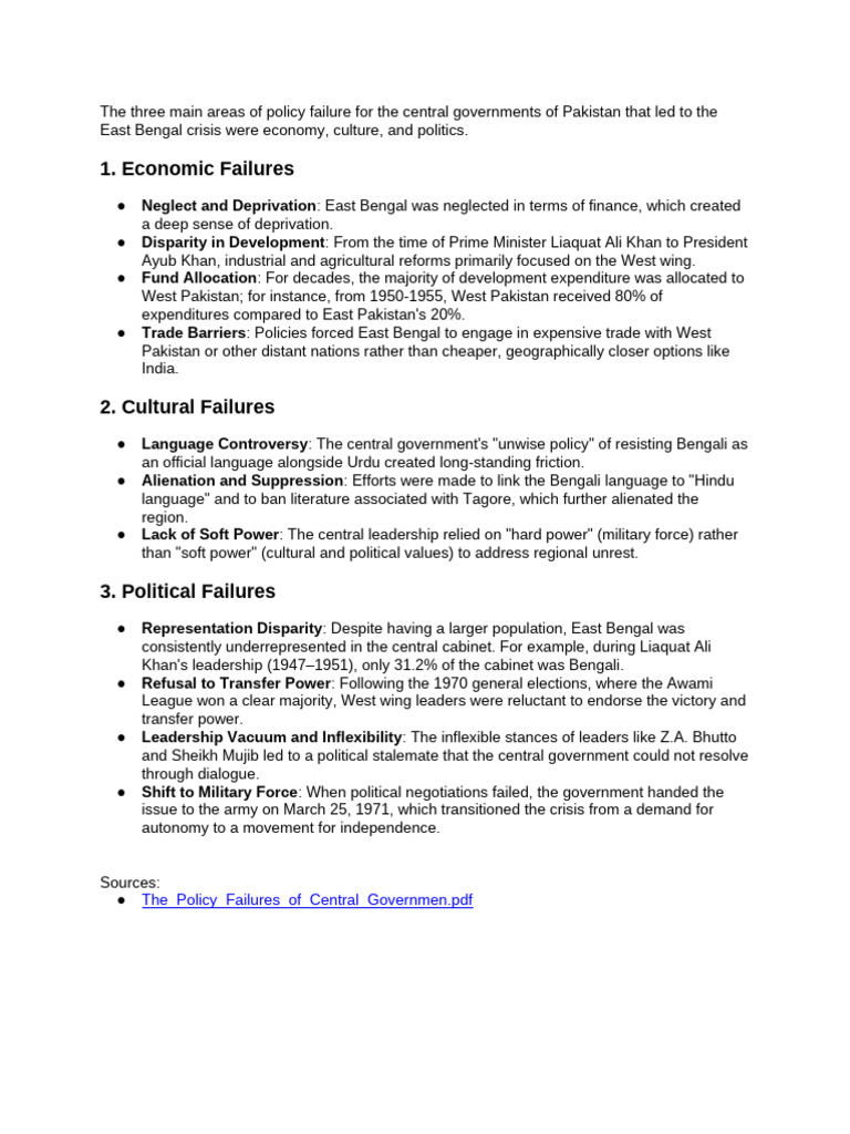 Main Areas of Policy Failure for the Central Governments of Pakistan ...