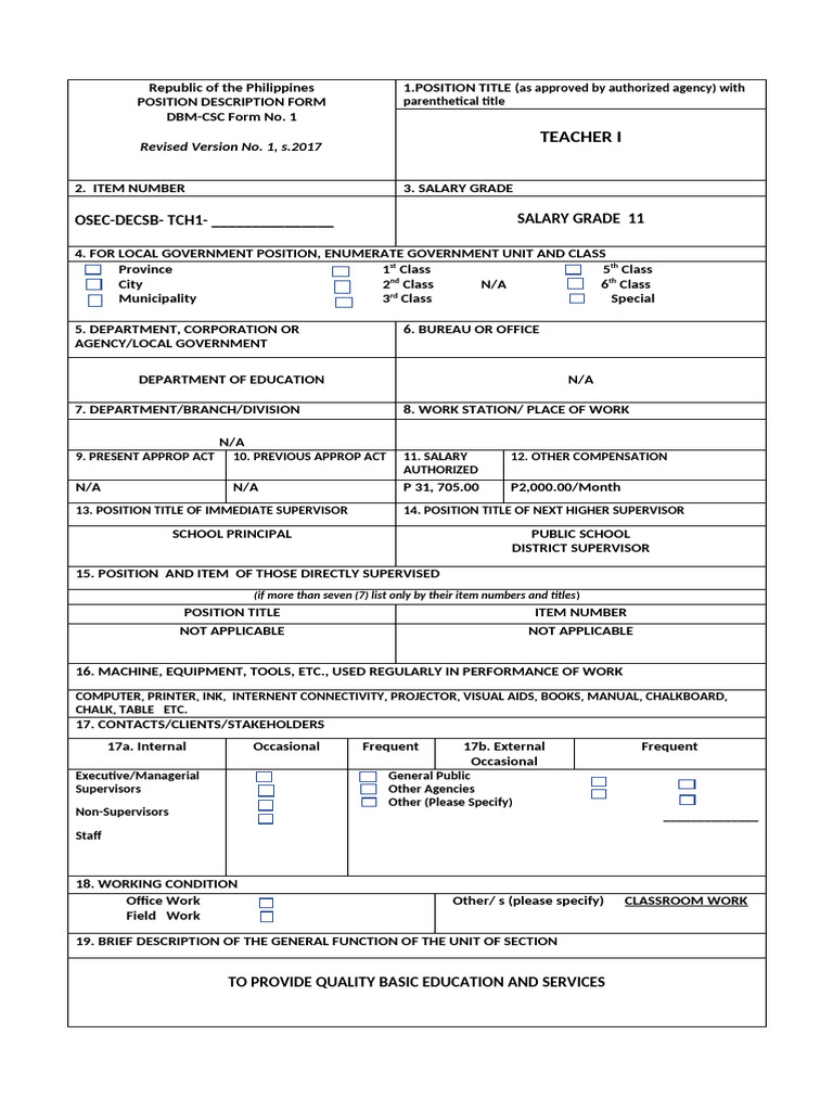2025 Secondary Cs Form 1 Revised 2017 PDF Position Description Form 1 ...
