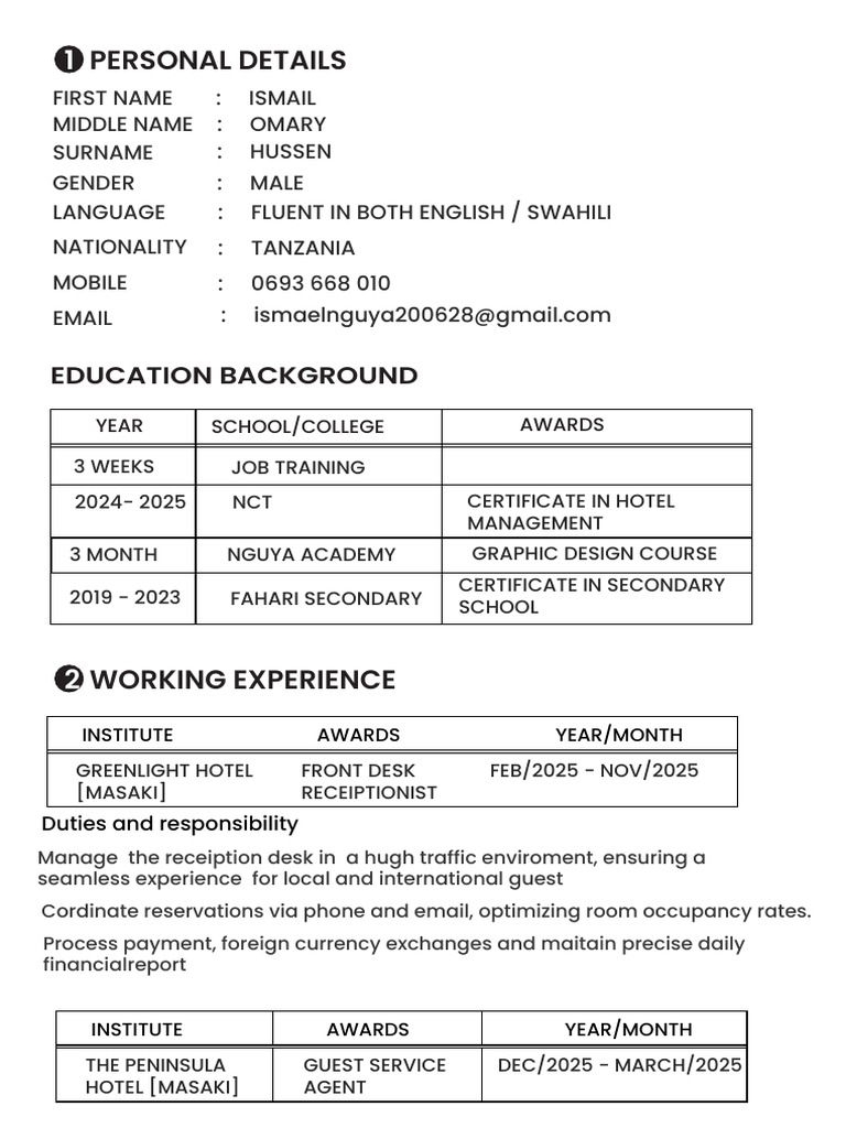 CV for Receiption Poistion | PDF