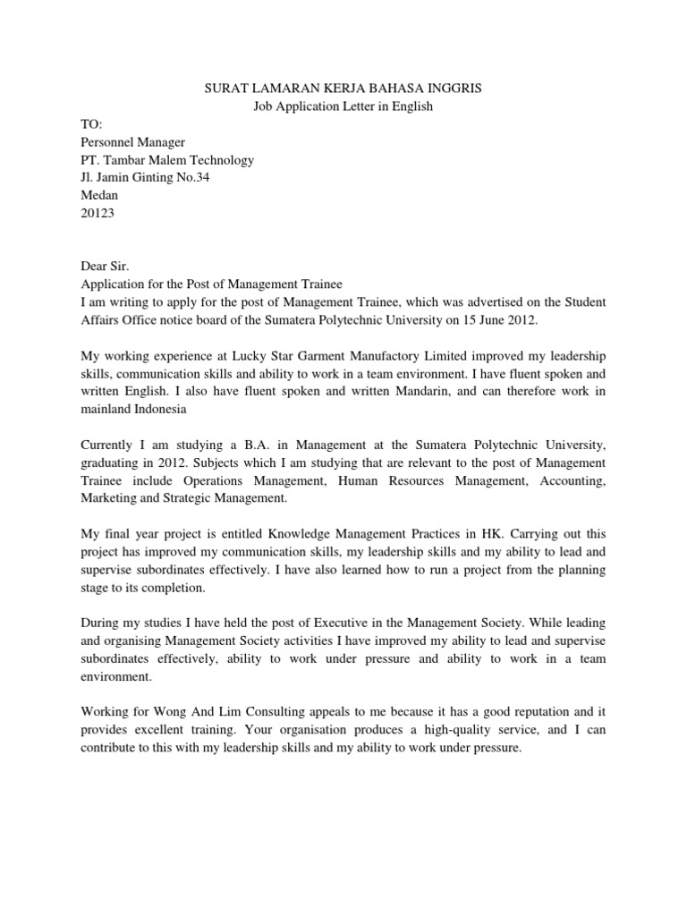 Contoh Surat Lamaran Kerja Bahasa Inggris Pdf