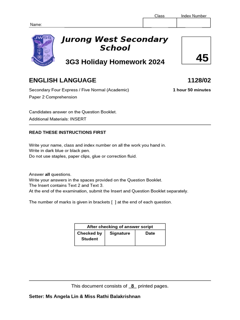 2025 3G3 Holiday Homework QP | PDF