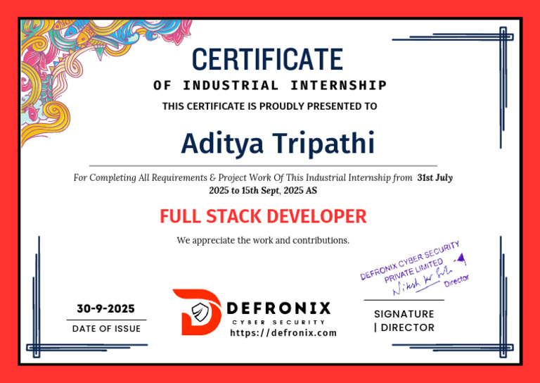 Internship Certificate Aditya | PDF