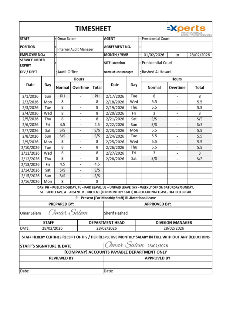Omar - Feb 2026 Timesheet_signed | PDF | Factor Income Distribution ...
