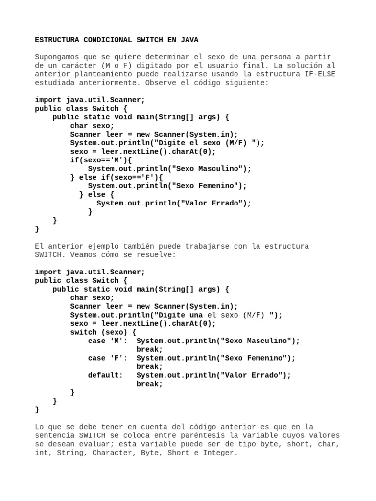 Estructura Condicional SWITCH | PDF | Java (lenguaje de programación ...
