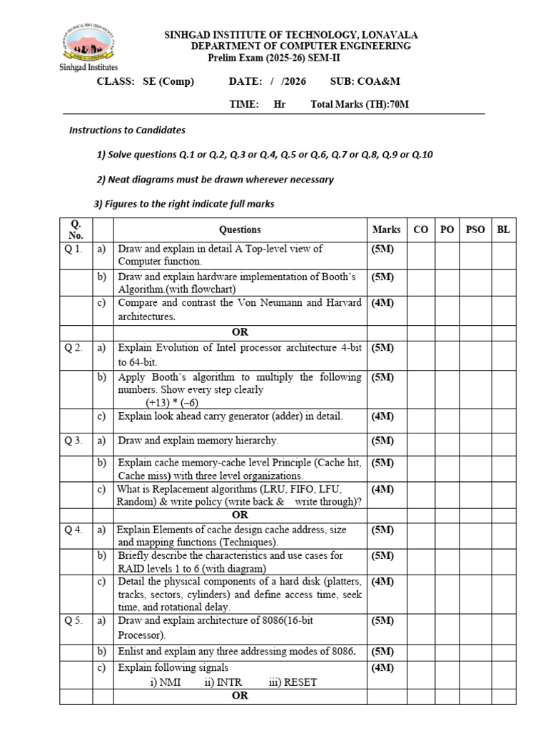 SE@24 COAM Prelim Question Paper | PDF | Cpu Cache | Computer Data