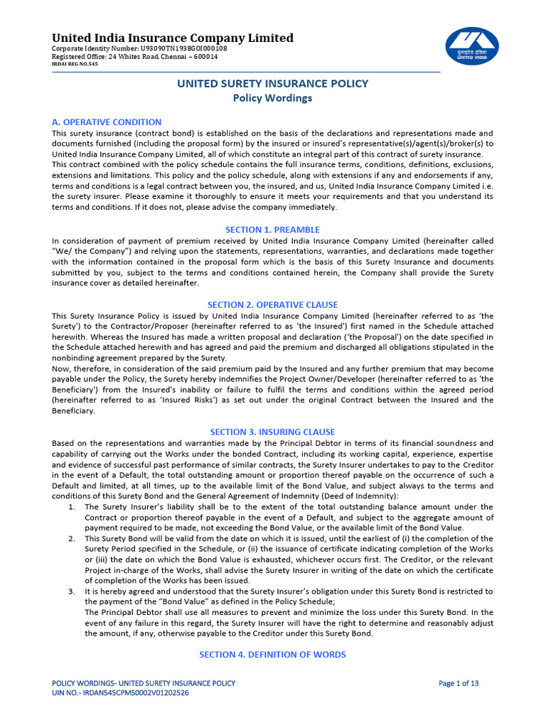 Policy Wordings - United Surety Insurance | PDF | Surety | Indemnity