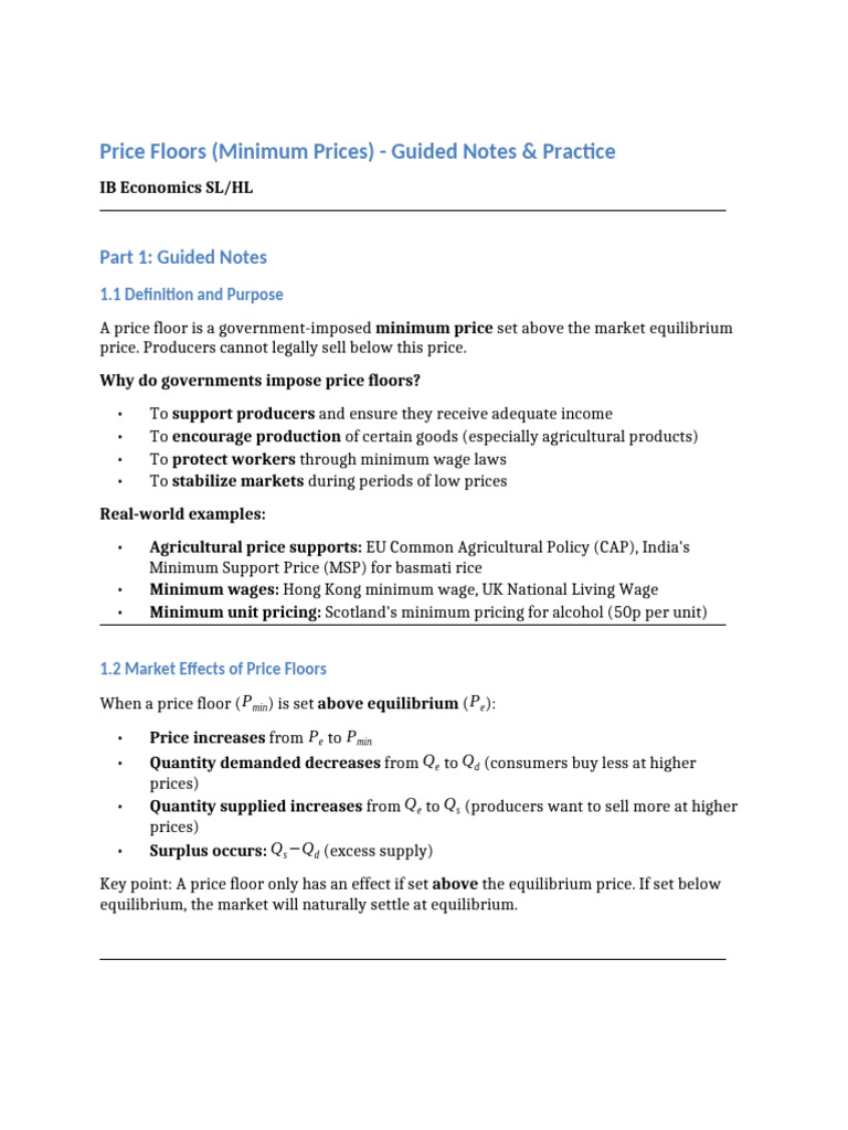 Price Floors (Minimum Prices) - IBDP Economics Worksheet | PDF ...