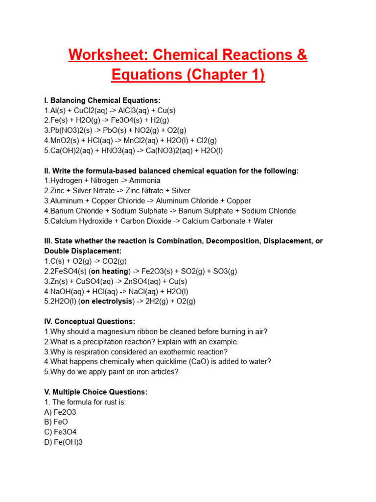 Chemical Reactions and Equations Worksheet | PDF | Chemical Reactions ...
