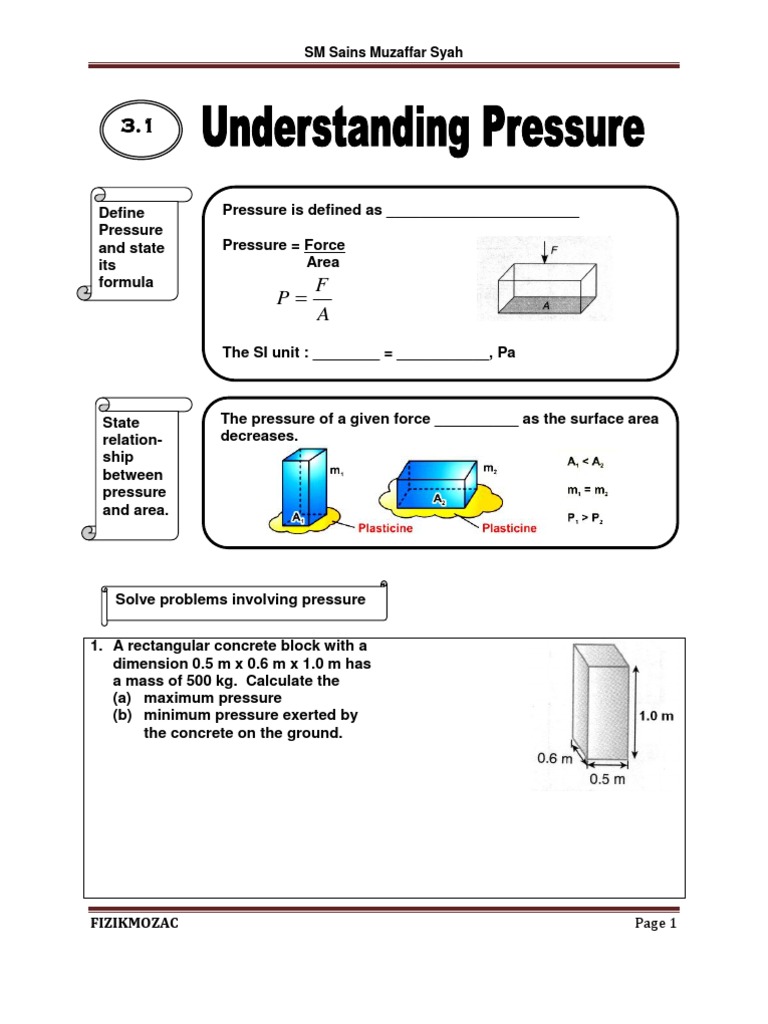 Pressure Calculations Worksheet Grade 8