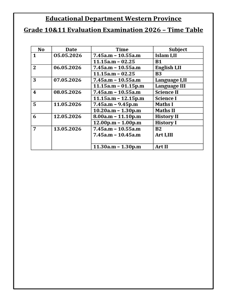 Grade 10&11 Exam Time Table | PDF