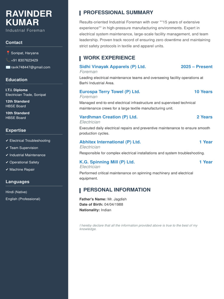 Ravinder Kumar Professional Resume | PDF | Electrician | Mechanical ...
