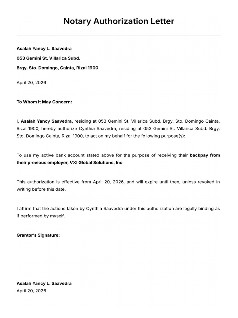 Notary Authorization Letter Template | PDF