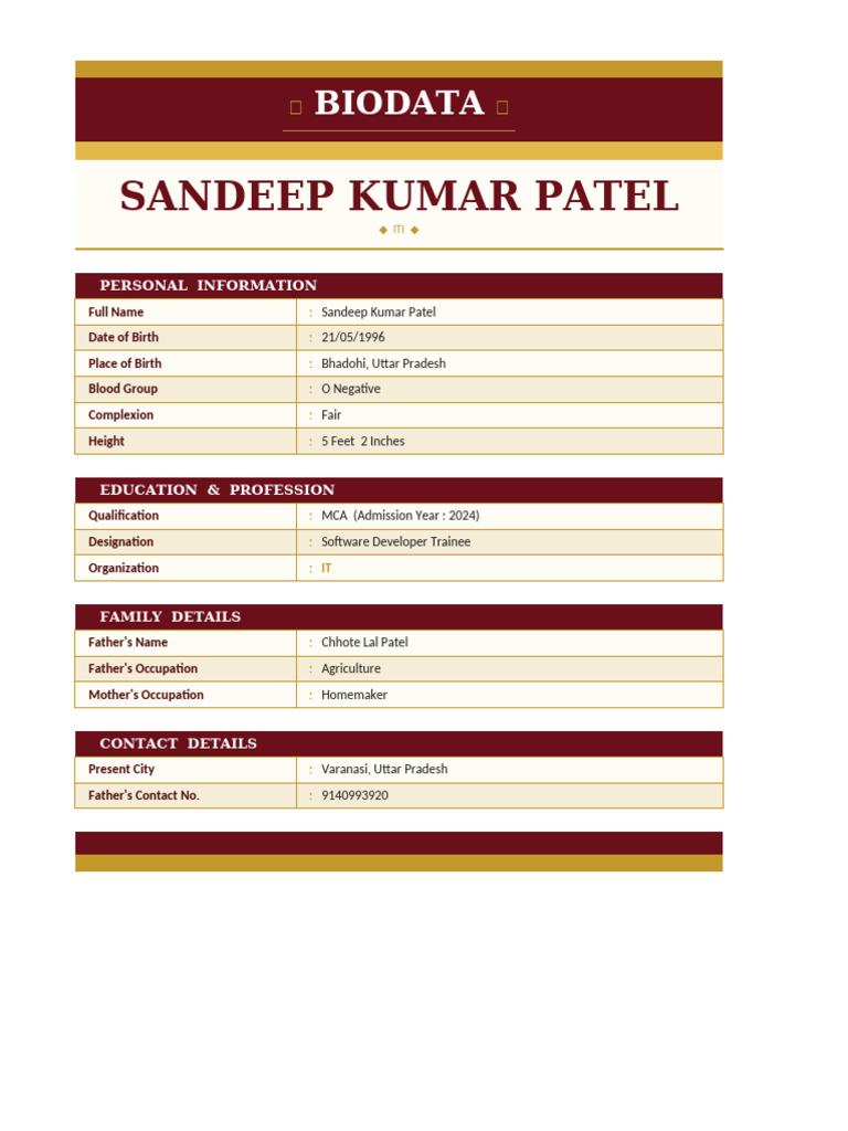 Sandeep Kumar Patel BioData | PDF