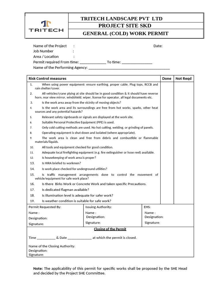 Ttl General (Cold) Work Permit | PDF | Safety