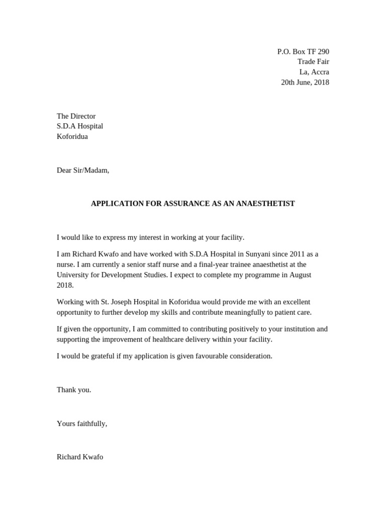 Anaesthetist Application Letter | PDF