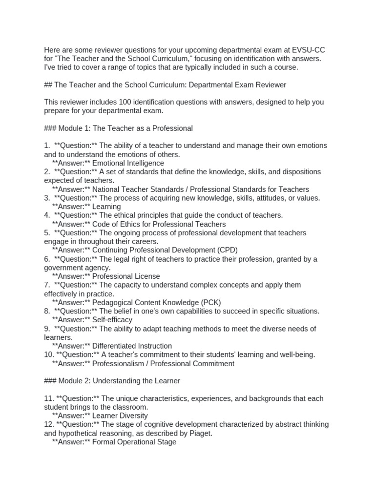 Reviewer Dept. Exam | PDF | Educational Assessment | Curriculum