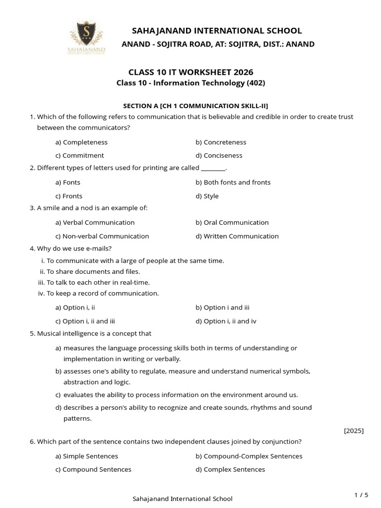 CLASS 10 IT WORKSHEET-2026 | PDF | Communication | Mind