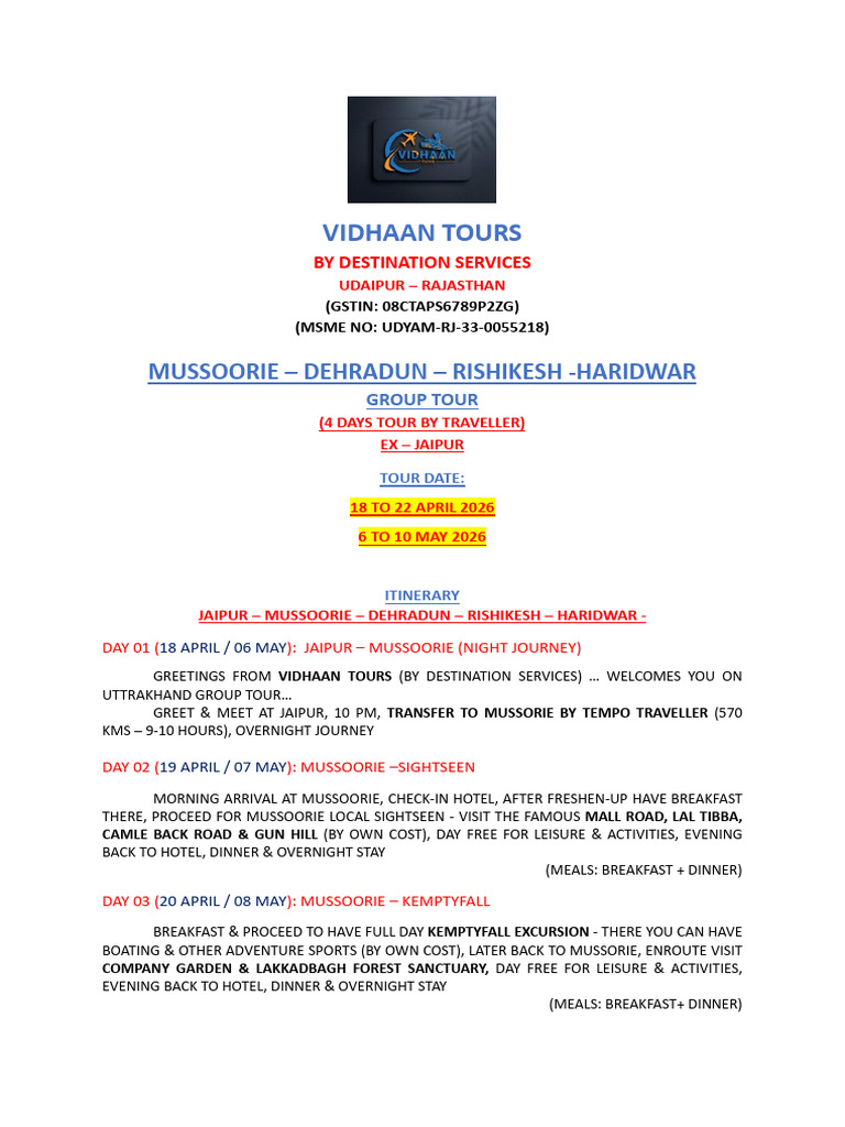 Mussoorie - Rishikesh Group Tour 2026 | PDF