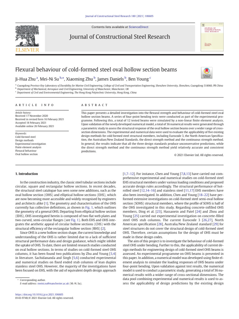 21 Flexural Behaviour of Cold-Formed Steel Oval Hollow Section Beams | PDF