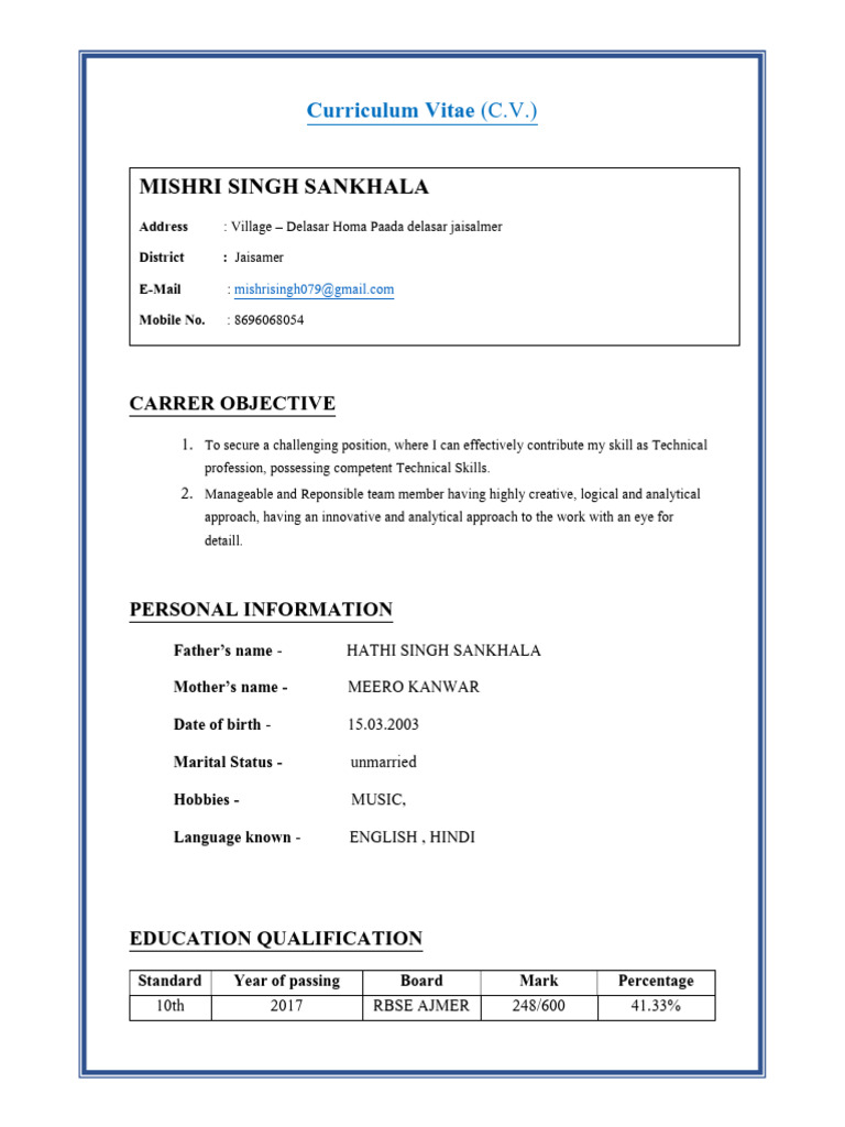 Mishri Singh Cv | PDF