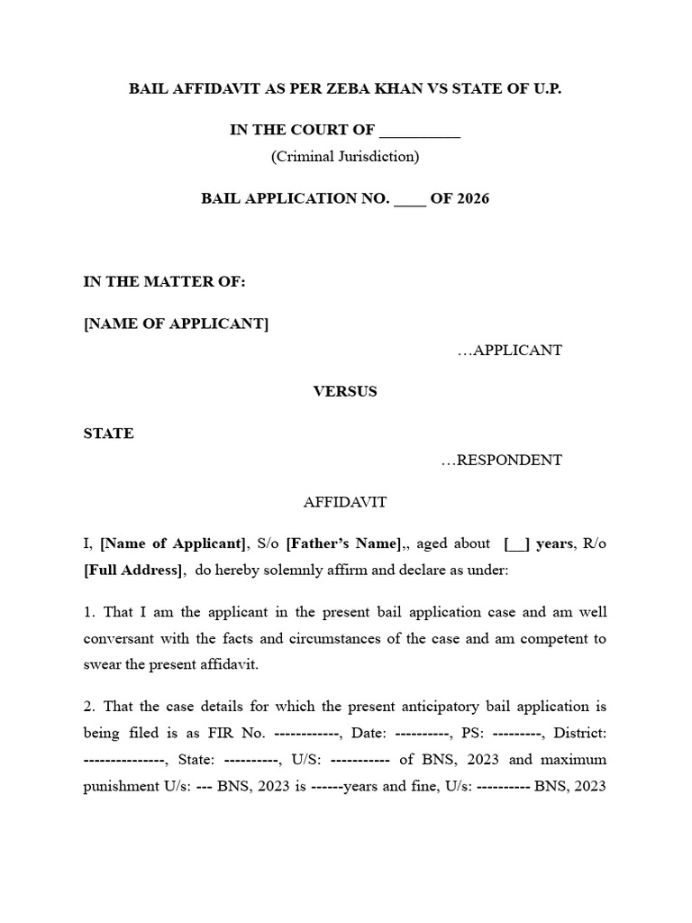 Bail Affidavit Format As Per Zeba Khan Vs State of UP | PDF | Affidavit ...