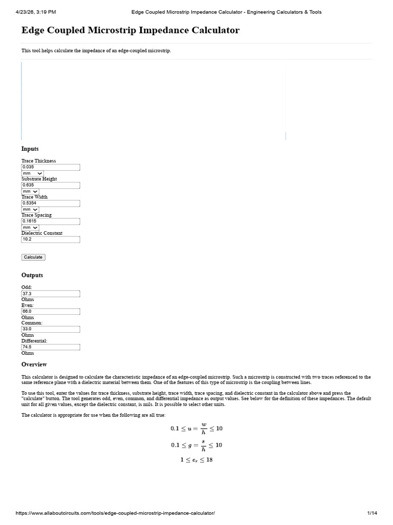 Edge Coupled Microstrip Impedance Calculator - Engineering Calculators ...