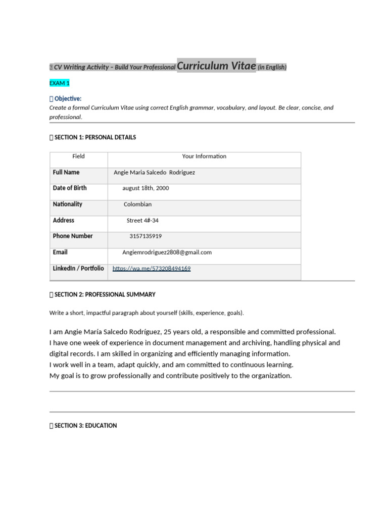 ? CV Writing Activity (1) | PDF