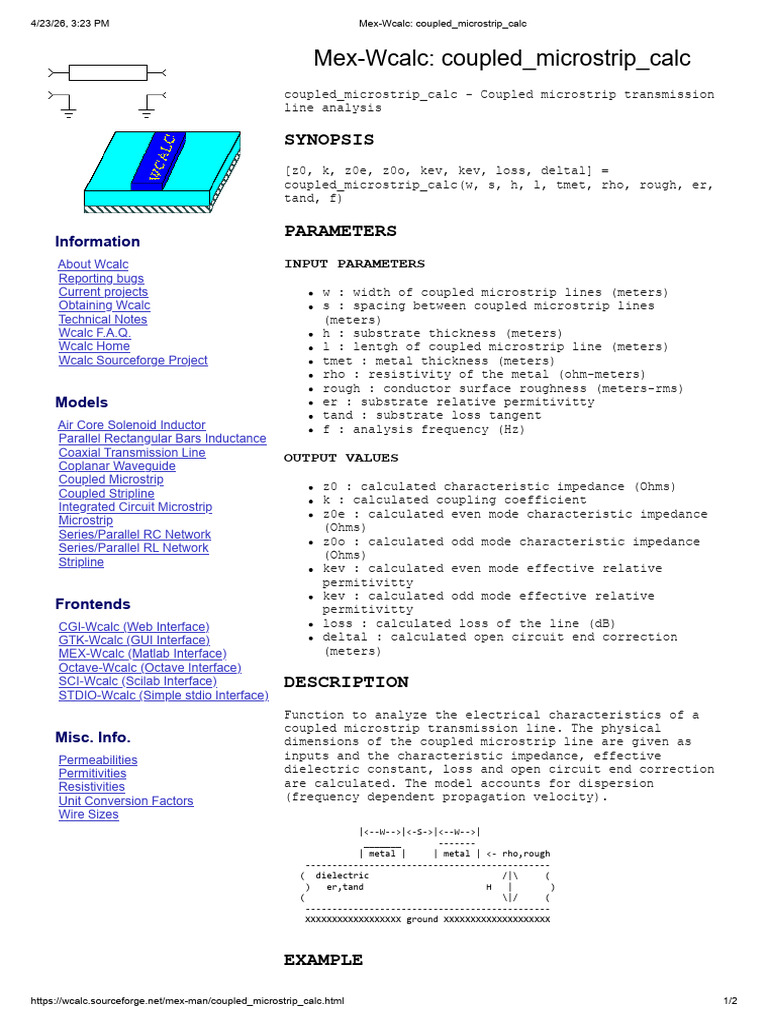 Mex-Wcalc Coupled Microstrip Calc | PDF | Transmission Line | Inductance