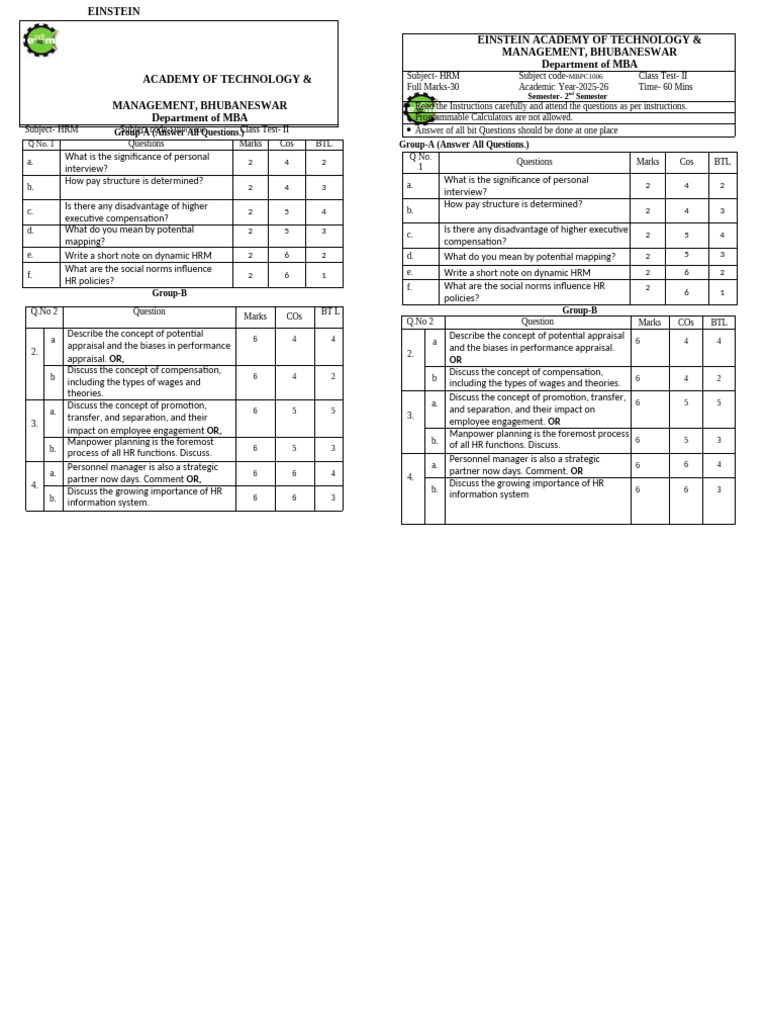 HRM (Internal Test-II) Revised | PDF | Human Resource Management ...