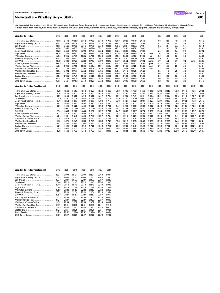 308 Bus Timetable Transport Leisure