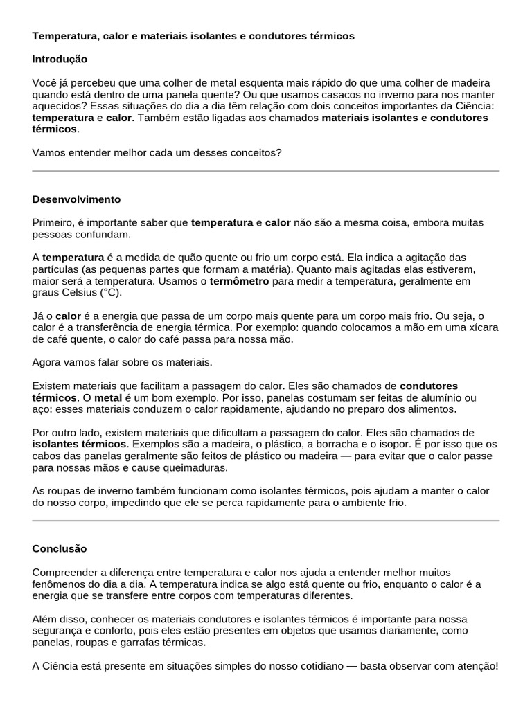 Calor e Condutor 7º Ano | PDF | Calor | Temperatura