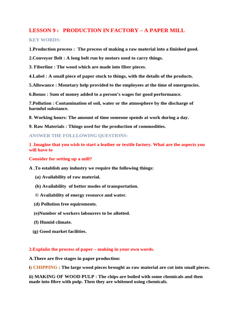 LESSON 9- Production in a Factory- A Paper Mill | PDF | Paper | Pulp ...