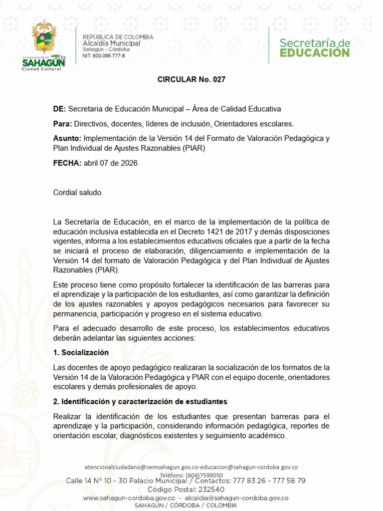 Circular 027 Inclusion - Sem | PDF | Pedagogía | Evaluación