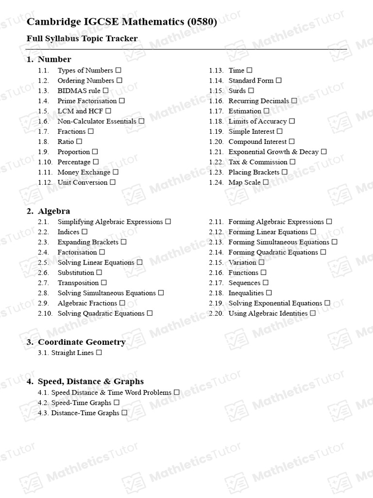 Cambridge IGCSE Mathematics Topic Checklist | PDF | Equations ...