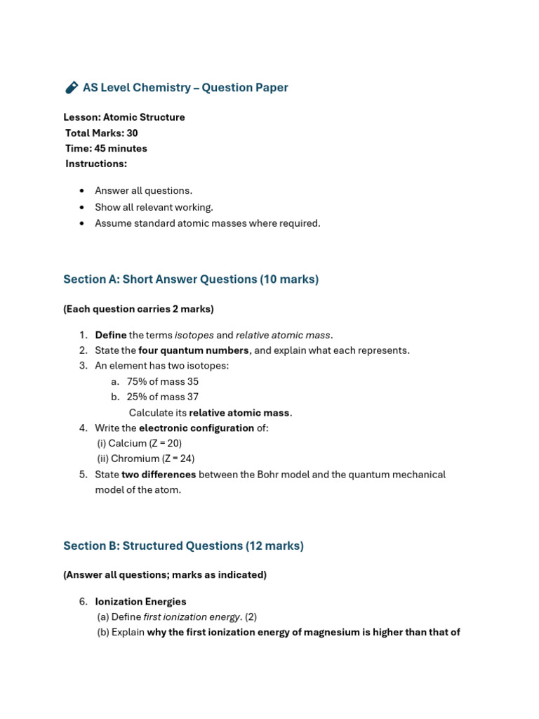 Atomic Structure Question Paper | PDF