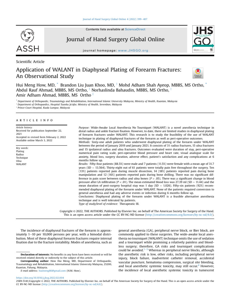 Application of WALANT in Diaphyseal Plating of For | PDF | Pain ...